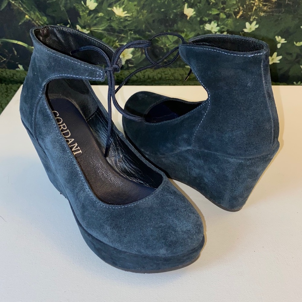 Cordani Navy Blue Suede Wedge Heels with Ankle Tie